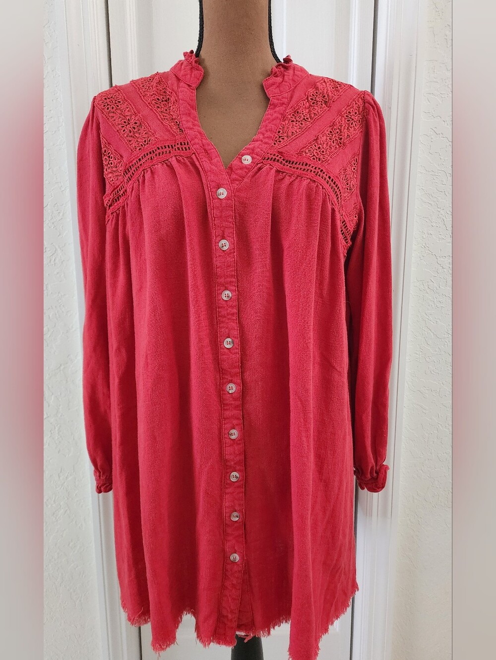 Boho Crochet Lace Yoke Red Button-Front Minidress / Tunic